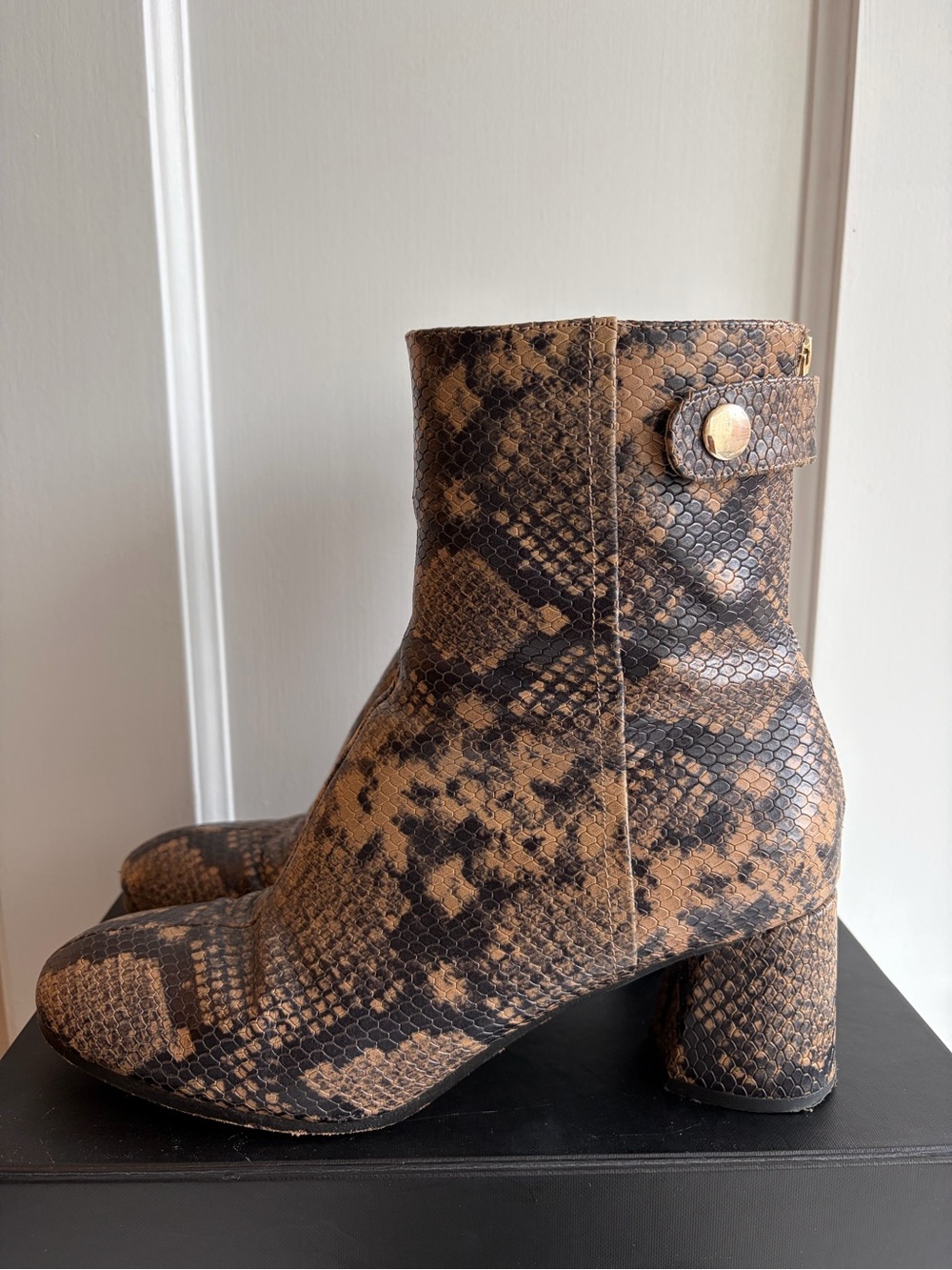 Joie Snake-Print Leather Heeled Ankle Booties, size 40